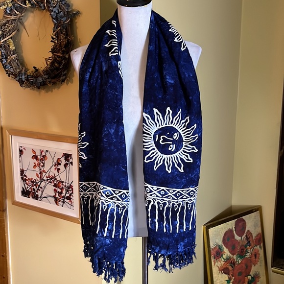 Vtg SUNGOD Size XL OSFA Sun Print Tie-Dye Blue Background Scarf Wrap Sarong NEW - Picture 5 of 15